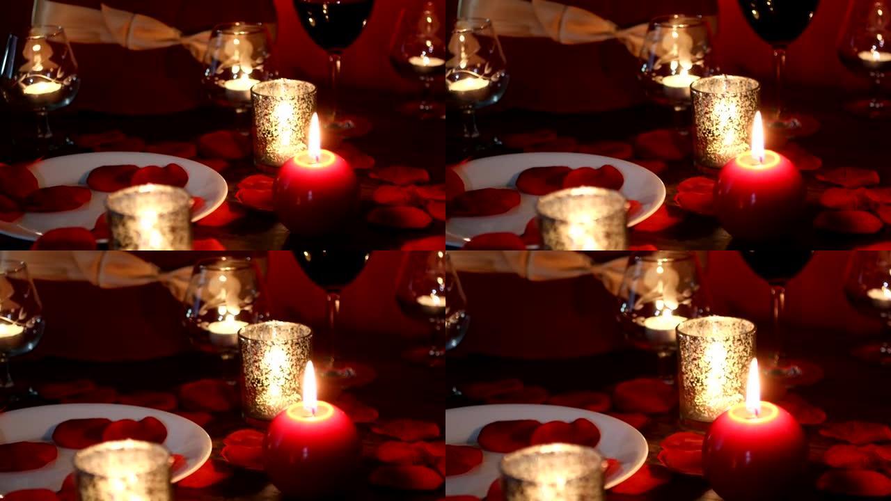 情人节浪漫，红心、蜡烛和玫瑰花瓣。