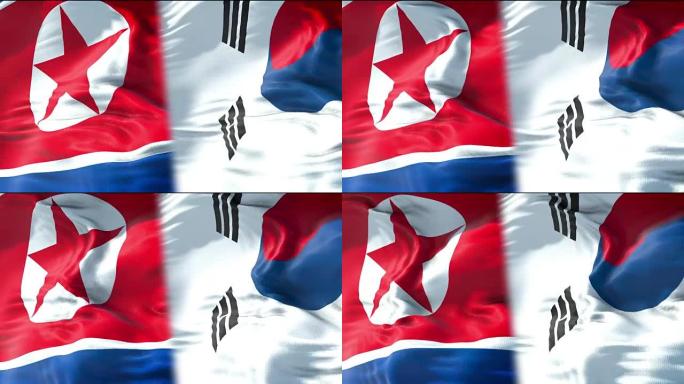 半朝鲜国旗半韩国国旗、挥舞旗帜运动、危机国家外交与朝鲜为核原子弹风险战争构想