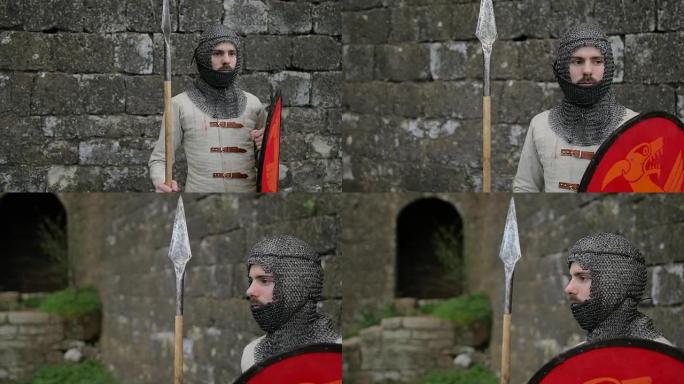 中世纪盔甲和长矛的战士