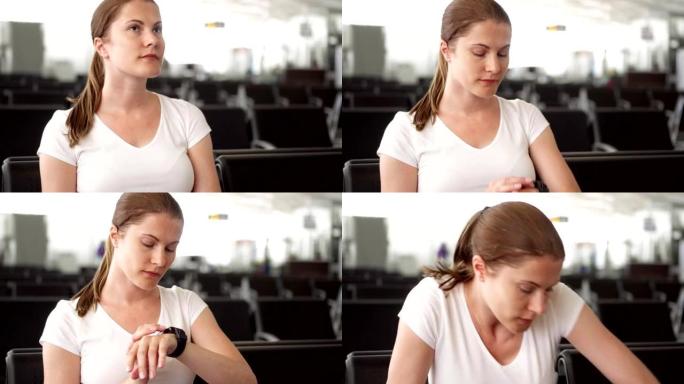 女性旅行者在智能手表上查看时间。女乘客迟到并奔向登机口