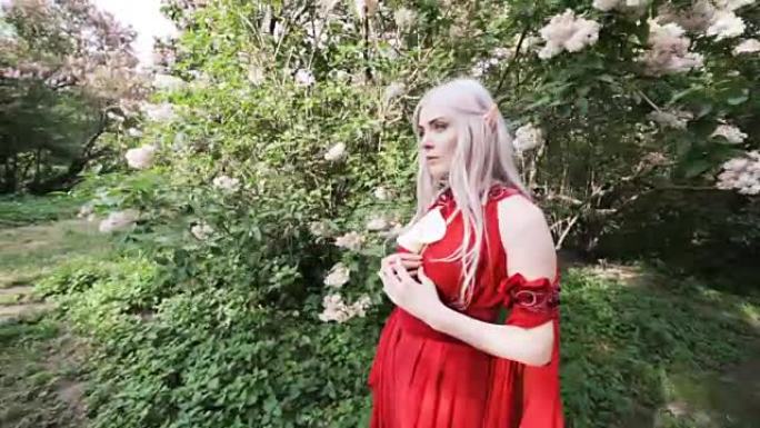 公园里一个穿着红色连衣裙的女精灵。