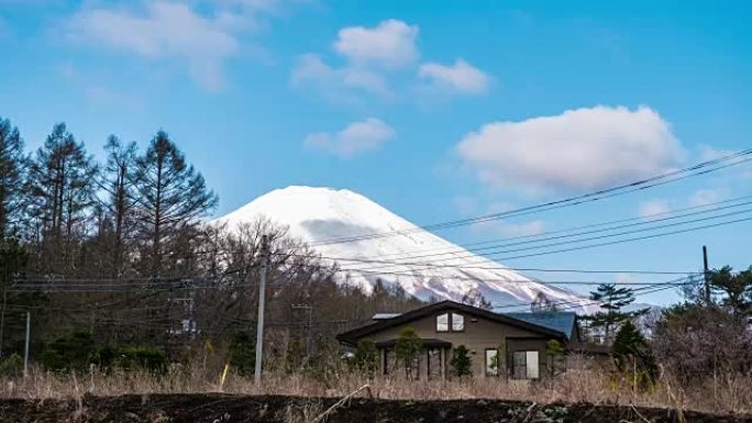 T/L TU视点从村庄到富士山与蓝天