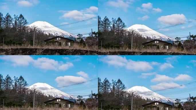 T/L TU视点从村庄到富士山与蓝天