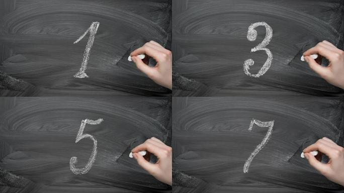 女老师的手在黑板上画0到9的数字粉笔，动画白垩数字，直接倒计时0-9。可循环