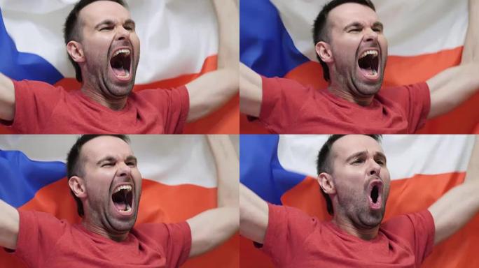 捷克球迷在慢动作中举着捷克国旗庆祝，4k，高品质