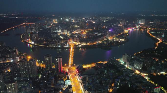 内江市中心夜景航拍内江夜晚沱江城市夜景