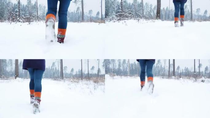 在森林的雪地上行走和奔跑