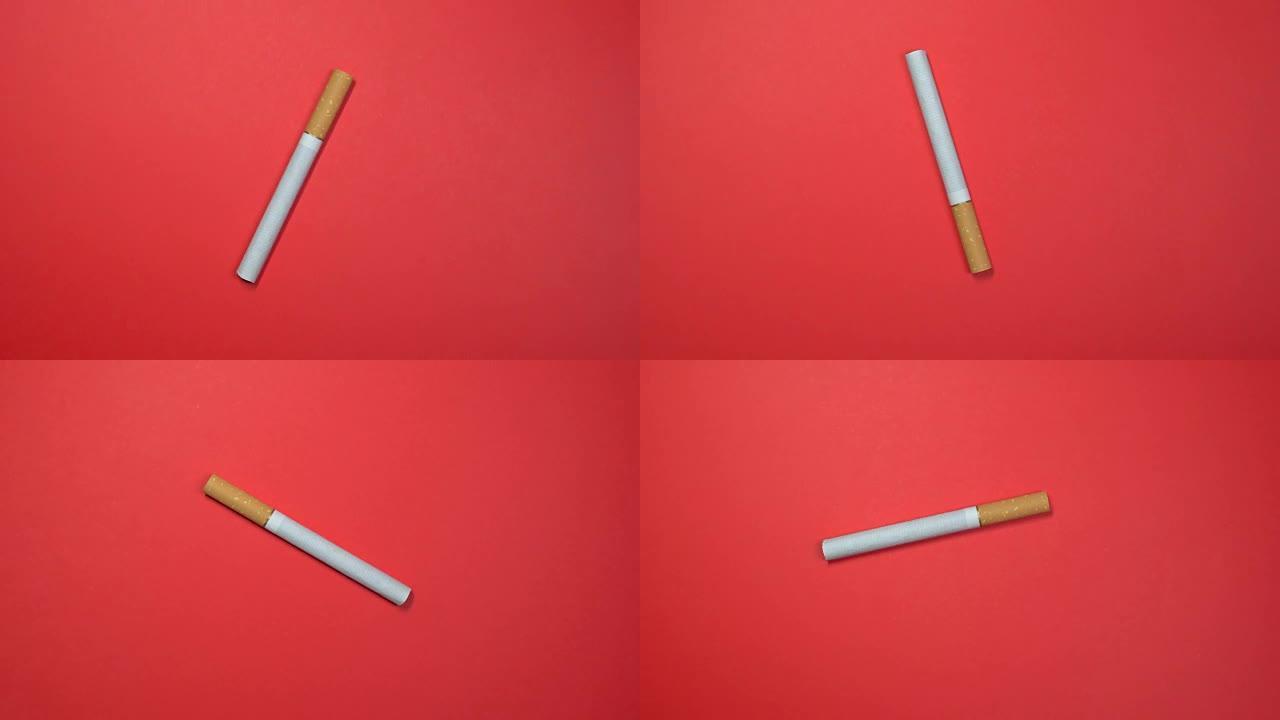 香烟特写，微距拍摄，在旋转的红色背景上快速旋转。