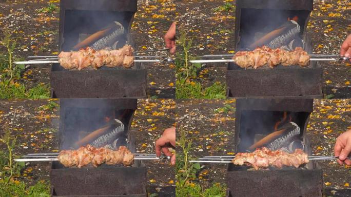 猪肉块在木炭烤架上油炸，烧烤架上有美味的烤肉。烧烤派对。