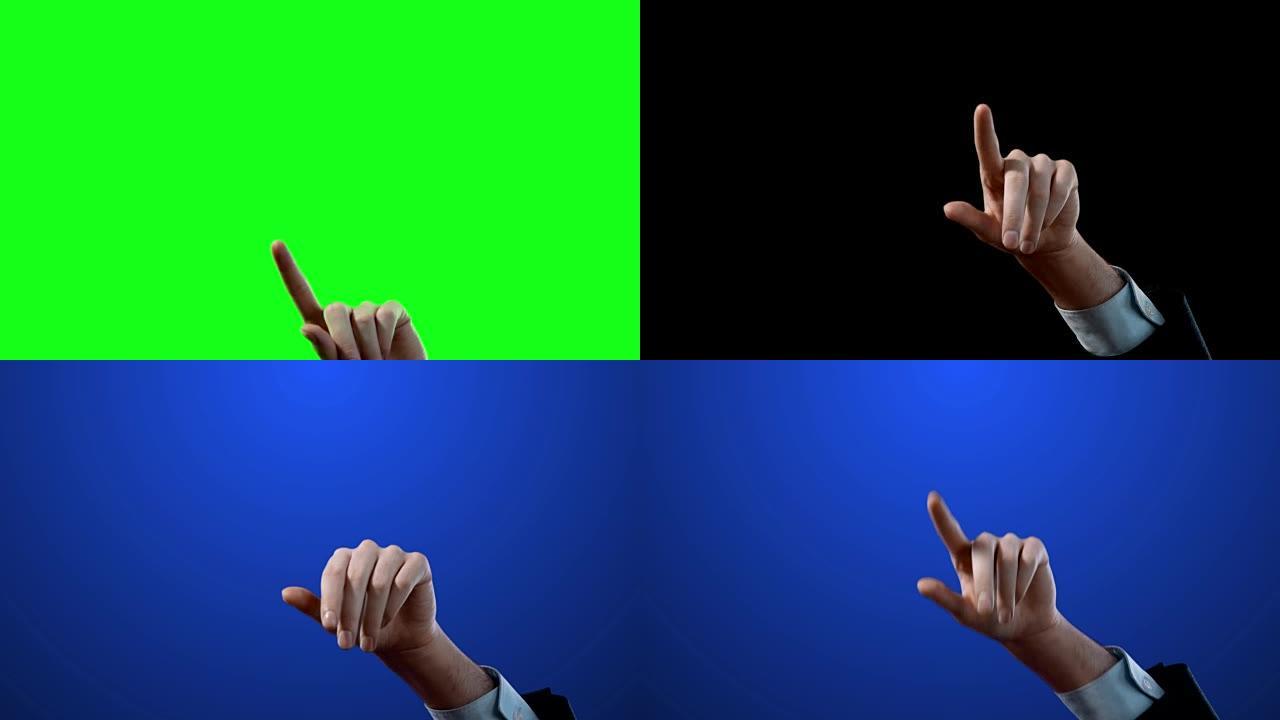 在绿屏4k视频素材集的触摸屏上，商务点击手指滑动手势。