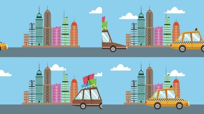 出租车路过城市高清动画