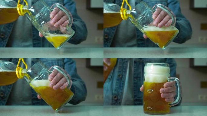 一个男人的特写镜头将啤酒倒入玻璃杯中。男人的手把啤酒从瓶子里倒进玻璃杯里。男人在家里的杯子里倒啤酒