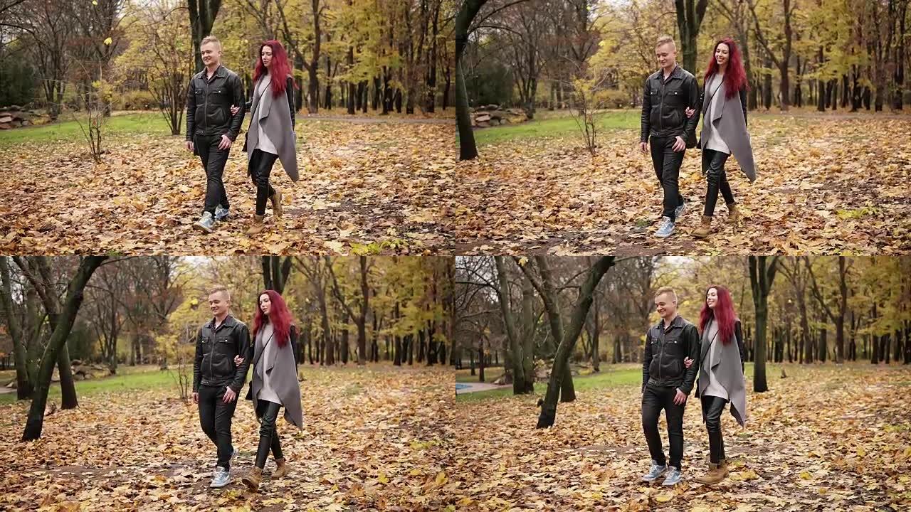 浪漫的年轻夫妇白天牵着手在秋季公园散步。地上金黄的叶子的毯子。秋天温暖的天气