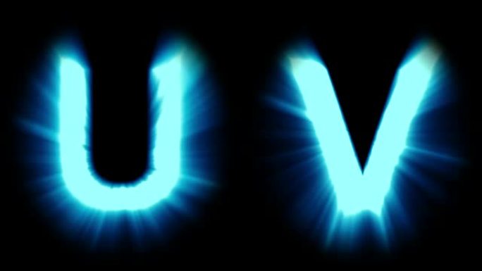 轻字母U和V-冷蓝光-强烈闪烁和强烈闪烁动画循环-隔离
