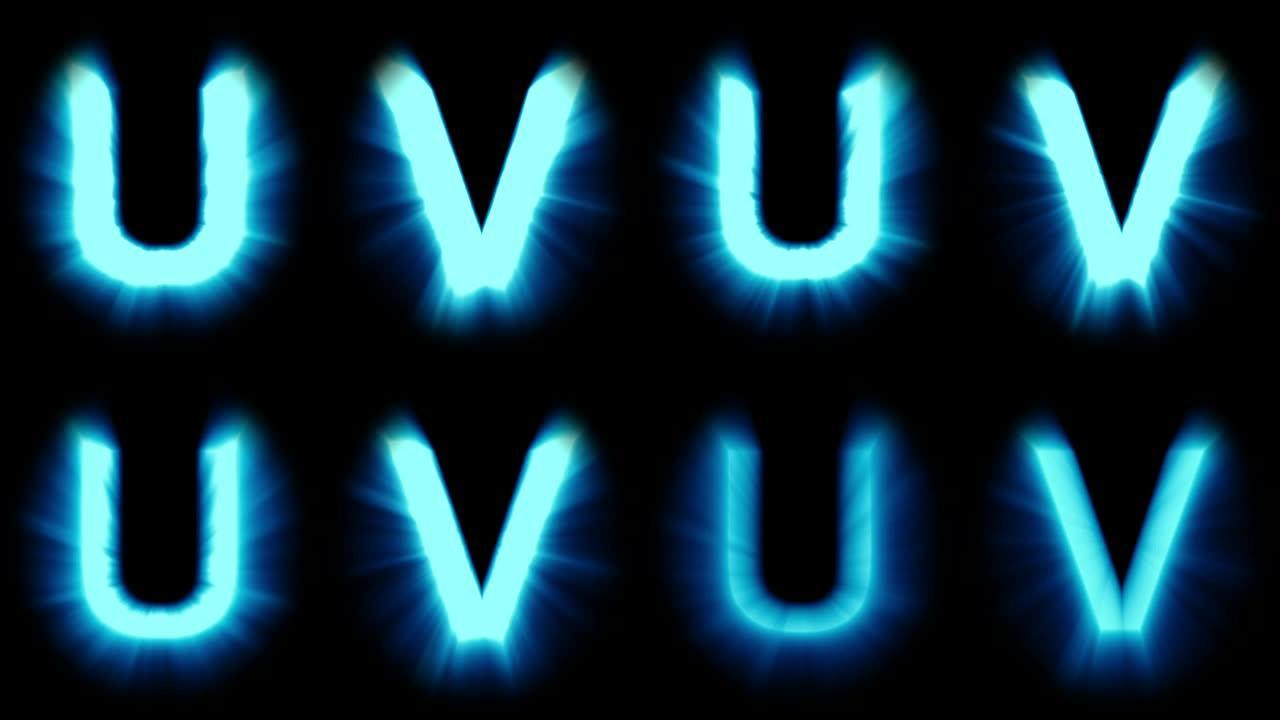 轻字母U和V-冷蓝光-强烈闪烁和强烈闪烁动画循环-隔离