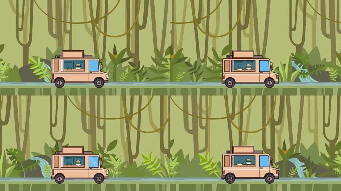穿越热带雨林的动画食物卡车。丛林河背景上的移动车辆。平面动画。