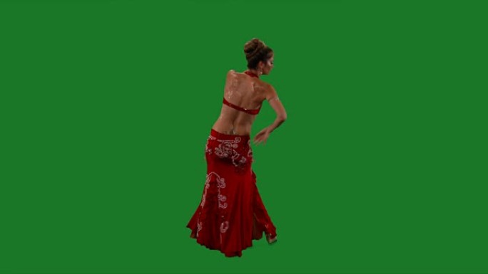 舞者。肚皮舞。肚皮舞者跳舞。绿色的屏幕。性感的红裙子