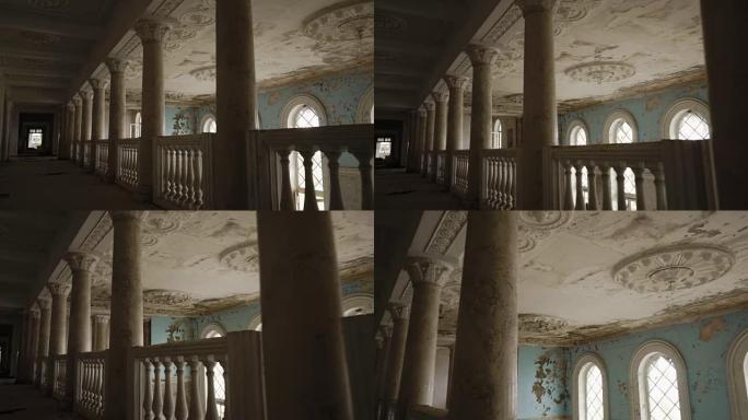 旧废弃宫殿内的全景，墙壁和天花板破旧