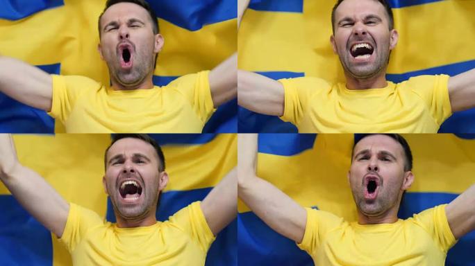 瑞典球迷庆祝举着瑞典国旗慢动作，4k，高品质