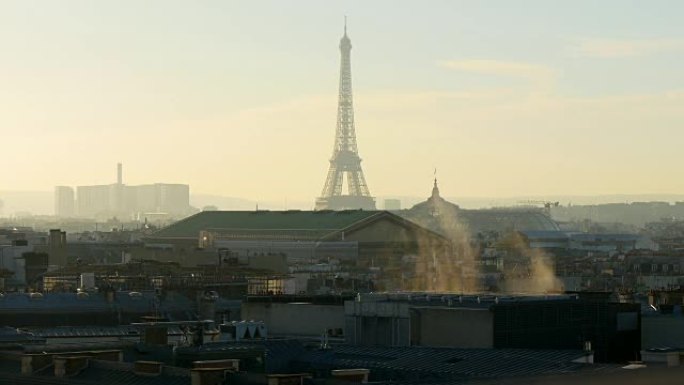 法国日落巴黎著名的画廊老佛爷屋顶城市景观埃菲尔铁塔全景4k