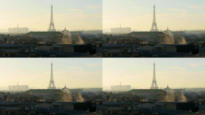 法国日落巴黎著名的画廊老佛爷屋顶城市景观埃菲尔铁塔全景4k