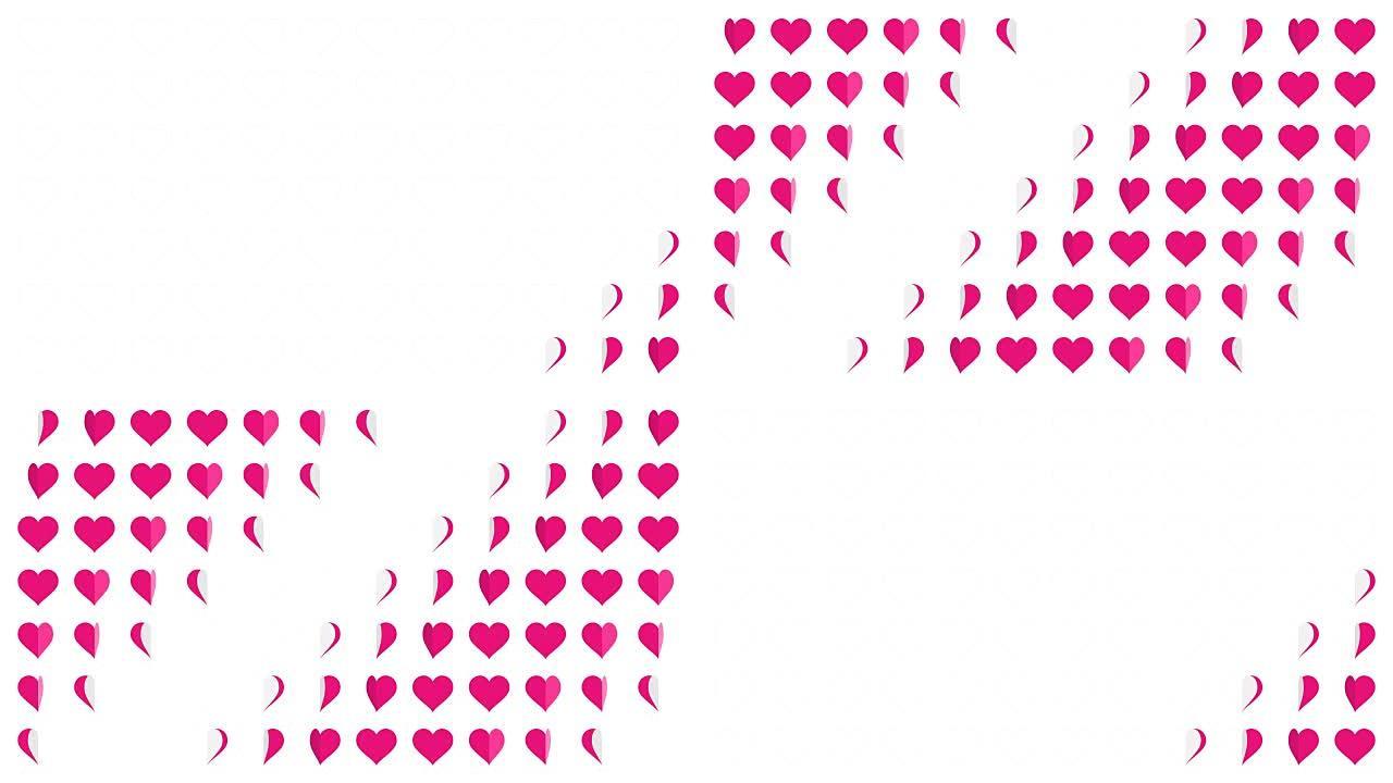 白色背景上的粉色心形符号图案纸翻转循环动画4K