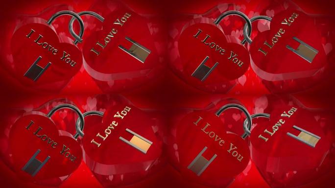 情人节，两个心形红色挂锁，带有英语短语I love you，两个跳动的红色3D心脏和移动的心形颗粒在