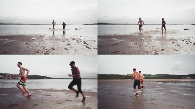 两个男人在沙滩上奔跑
