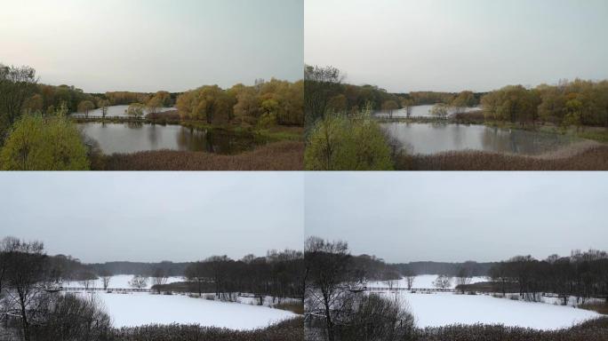 Transition from autumn forest to winter, water to 