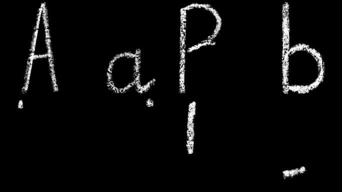 a，b，c，d，e，手写白色粉笔字母孤立在黑色背景动画