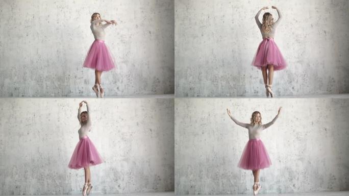 足尖上的芭蕾舞女演员踮起脚尖旋转。在光墙背景下的古典包中的芭蕾舞演员