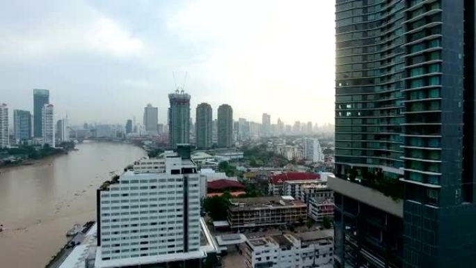 泰国曼谷: 从亚洲沿岸和湄南河上的无人机鸟瞰图