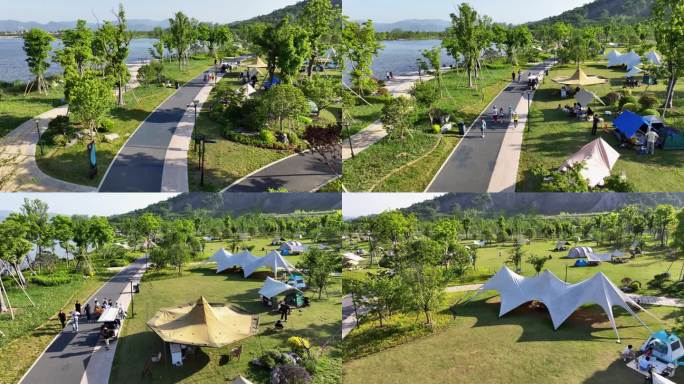 航拍五一假期春游杭州铜鉴湖公园露营营地