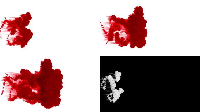 红色墨水溶解在白色背景的水中，亮度哑光。计算机模拟的3d渲染。墨水注入水中。许多溪流6