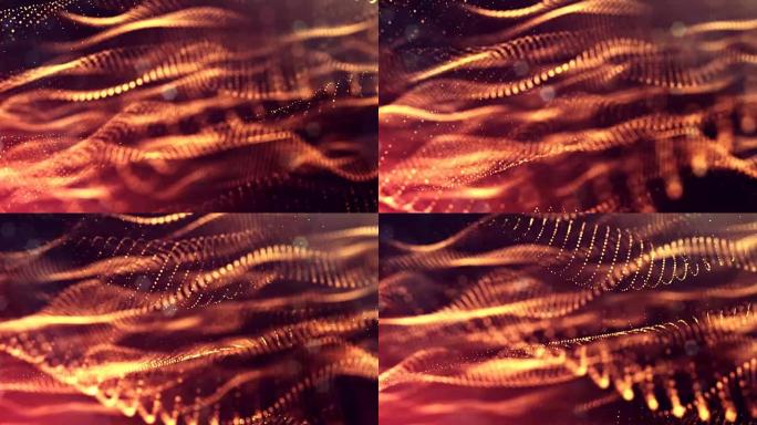 发光粒子的3d渲染作为科幻背景或具有景深和波克像vj循环的粒子的现代抽象黄金背景。颗粒形成线和螺旋结