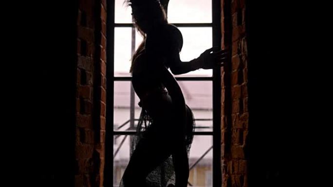 马戏团女星剪影在窗前与蛇共舞
