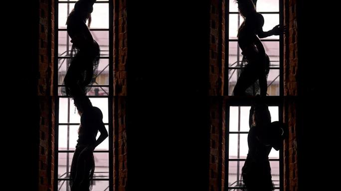 马戏团女星剪影在窗前与蛇共舞