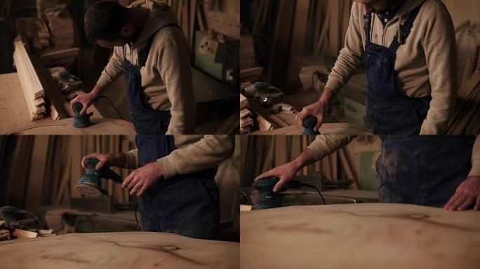 木工完成对木头的研磨，关闭研磨机并检查表面是否有粗糙度