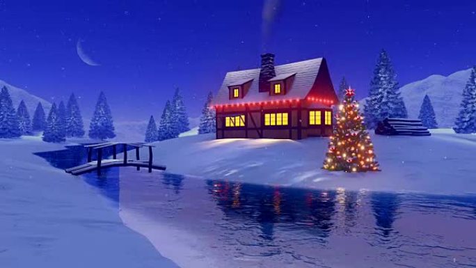 雪夜冰冻河附近为圣诞节装饰的乡村房子