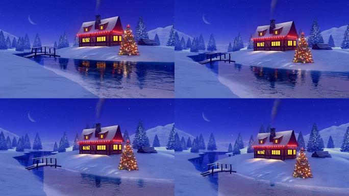 雪夜冰冻河附近为圣诞节装饰的乡村房子