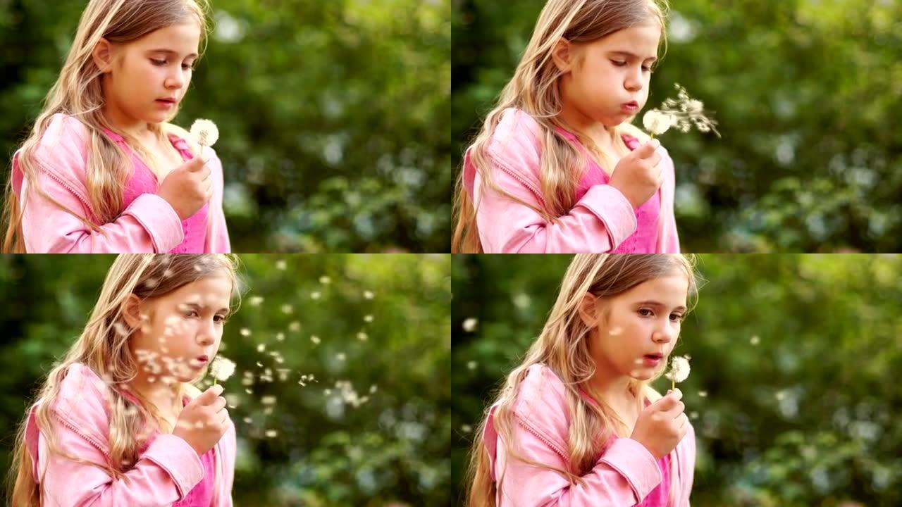一个可爱的长发女孩吹走蒲公英的种子。它们在夕阳的光芒中随风飞翔。大自然中的暑假。儿童节