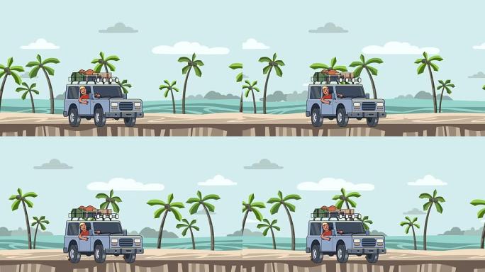 动画车顶上有行李，方向盘后面的微笑家伙骑在沙滩上。在海景上行驶的车辆。平面动画。