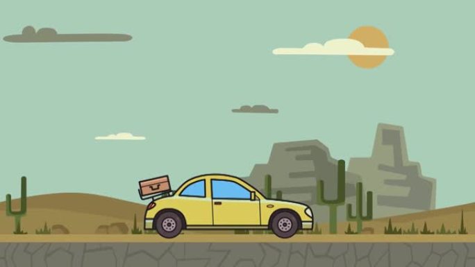 动画轿跑车，后引擎盖上有行李，穿越峡谷沙漠。在山地沙漠背景上移动掀背车。平面动画。