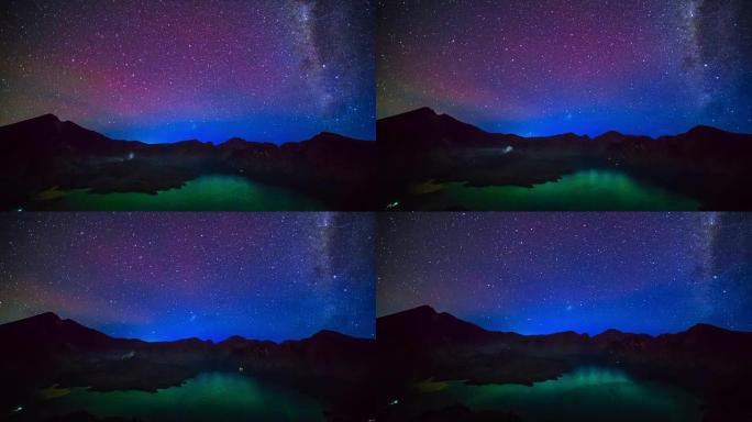 夜空上林贾尼山火山口内塞加拉阿纳克湖上方的银河系。印度尼西亚龙目岛。