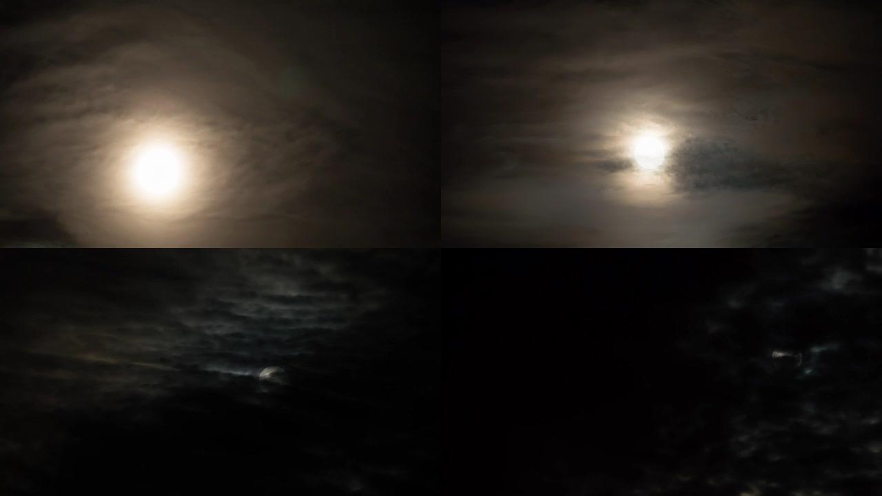 满月在夜空中移动穿过云层。延时