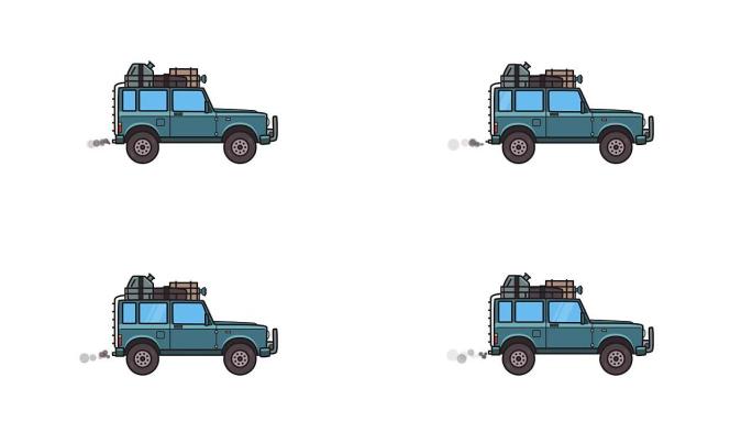 车顶行李箱上有行李的动画SUV车。移动越野车，顶部有货物，侧视图。平面动画。孤立在白色背景上。
