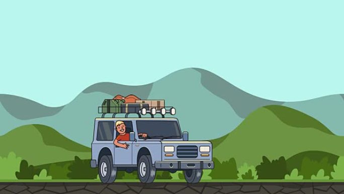 带行李箱的动画汽车在屋顶上，微笑的家伙在方向盘后面骑行穿过绿色山谷。在丘陵景观背景上移动车辆。平面动