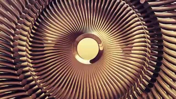 流体移动旋转金色金属链眼圈无缝循环动画3d运动图形背景新质量工业技术建筑未来酷快乐视频片段