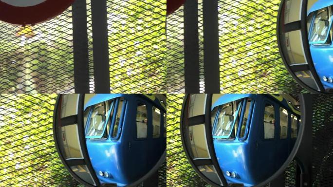 车站列车安全镜中的反射。火车安全镜
