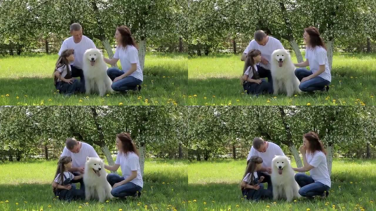 一家三口人与一只大狗坐在公园里。